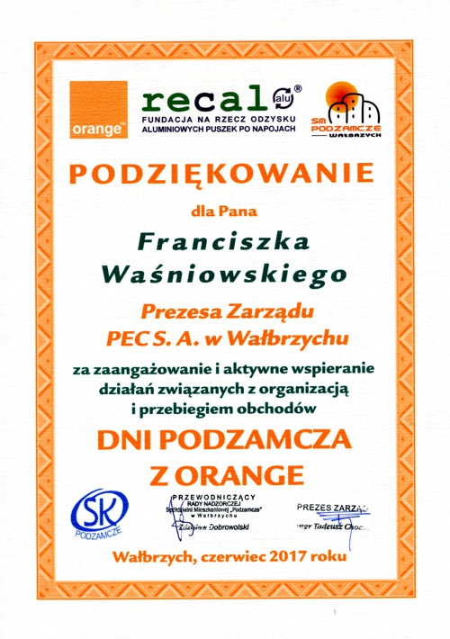 PEC S.A. Wałbrzych - Certyfikaty, nagrody, podziękowania