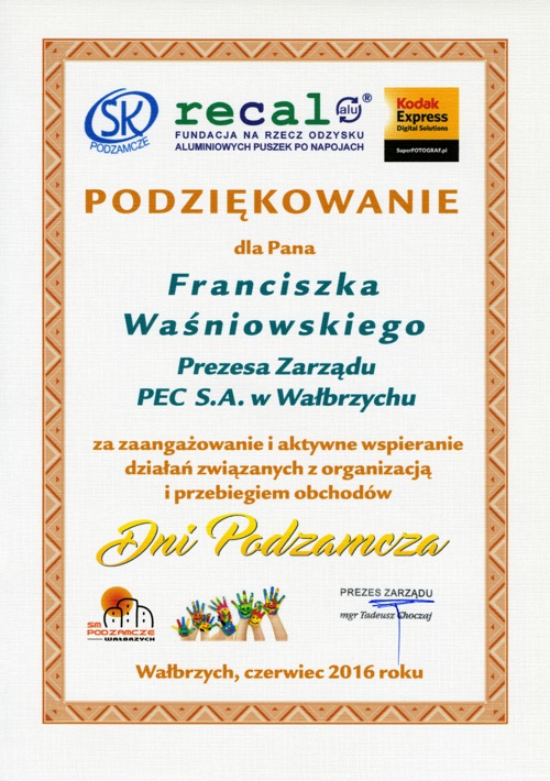 PEC S.A. Wałbrzych - Certyfikaty, nagrody, podziękowania