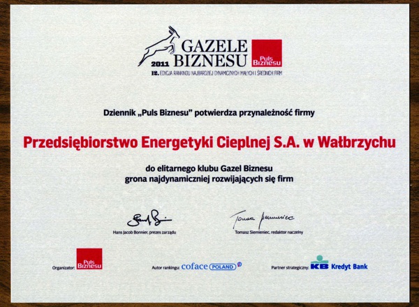 PEC S.A. Wałbrzych - Certyfikaty, nagrody, podziękowania