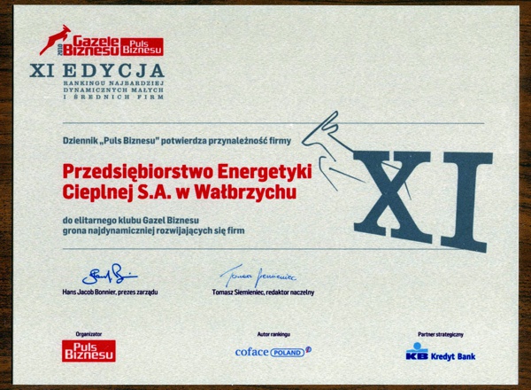 PEC S.A. Wałbrzych - Certyfikaty, nagrody, podziękowania