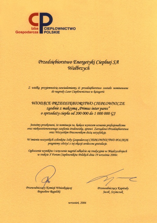 PEC S.A. Wałbrzych - Certyfikaty, nagrody, podziękowania