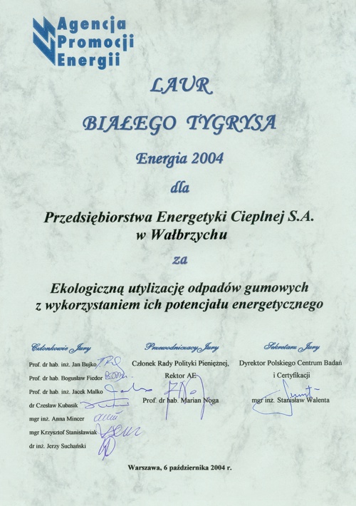 PEC S.A. Wałbrzych - Certyfikaty, nagrody, podziękowania